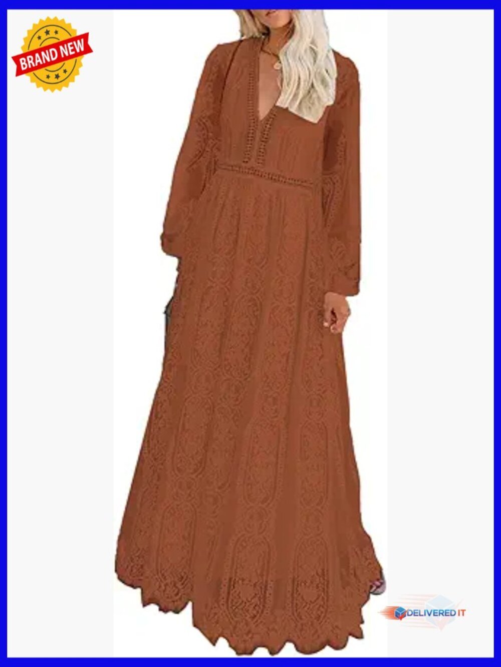 Long Sleeve V-Neck Backless Maxi Dress, Formal A-Line Lace Wedding Guest